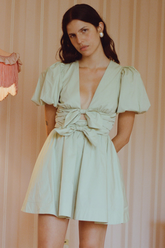 Deep V Neck Puff Sleeve Front Bow A-Line Mini Dresses-Green